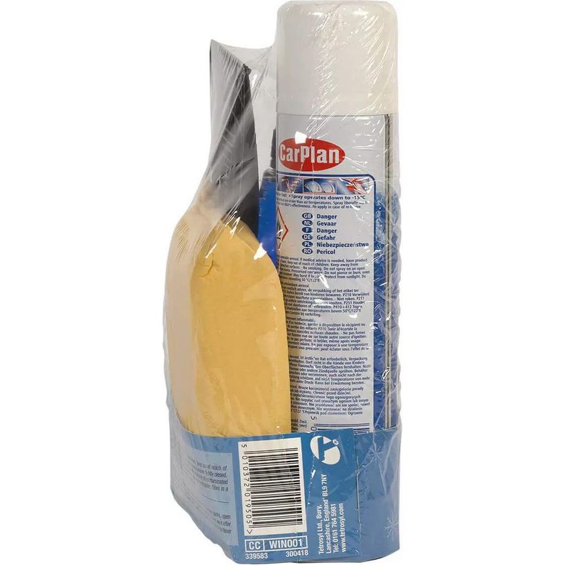 Carplan winter car care kit in plastic packaging showing yellow ice scraper, blue de-icer spray bottle and white cloth wrapped together with product label and barcode visible