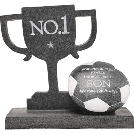 Gray granite memorial plaque featuring a trophy cup engraved with No.1 and a soccer ball with text Forever In Our Hearts the most special Son We miss you Always on a stone base