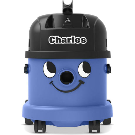 Charles blue and black wet and dry vacuum cleaner with smiling face design, 15 litre capacity, featuring white eyes and cheerful expression, front view product shot
