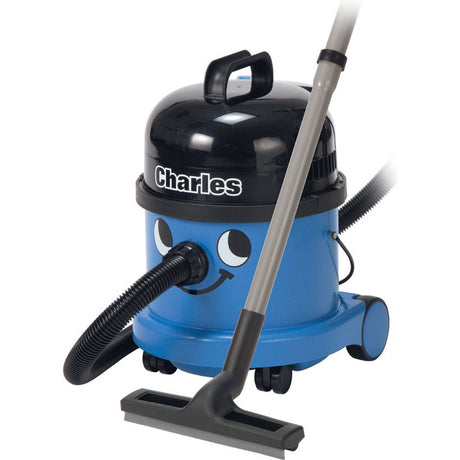 Charles wet and dry vacuum cleaner in bright blue with black top cap and handle, featuring a cheerful smiley face design, equipped with grey hose and black floor brush attachment on wheels