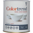 Colortrend 1 litre Ceramic Matt paint can in Brilliant White with tagline Paint With Passion, featuring ceramic bowls product image and performance icons on the label
