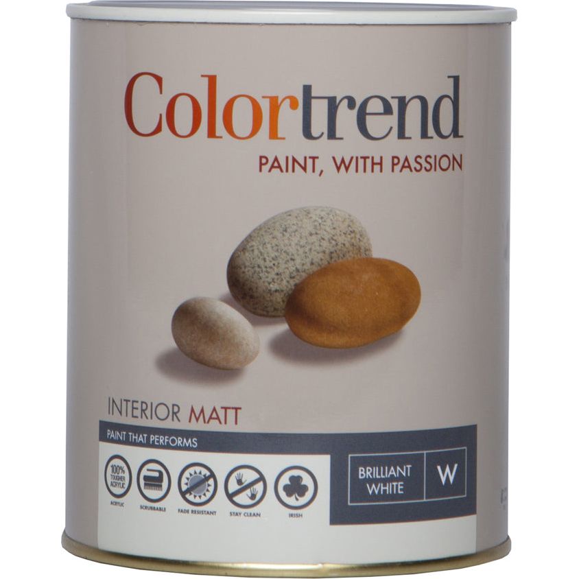 Colortrend 1 litre Interior Matt paint can in Brilliant White with textured pebble design on label showing acrylic, scrubbable, fade resistant and stay clean features