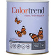 Colortrend 1 litre soft sheen paint tin in brilliant white with orange and black monarch butterflies on lavender label, featuring paint performance icons and product specifications