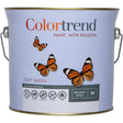 Colortrend 3 litre paint can with soft sheen finish in brilliant white, featuring orange and black monarch butterflies on lavender label, metal handles and brass rim