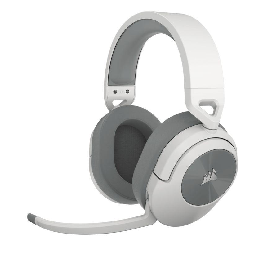 Corsair HS55 Wireless white and grey over-ear gaming headset with detachable microphone boom, shown from side angle against white background