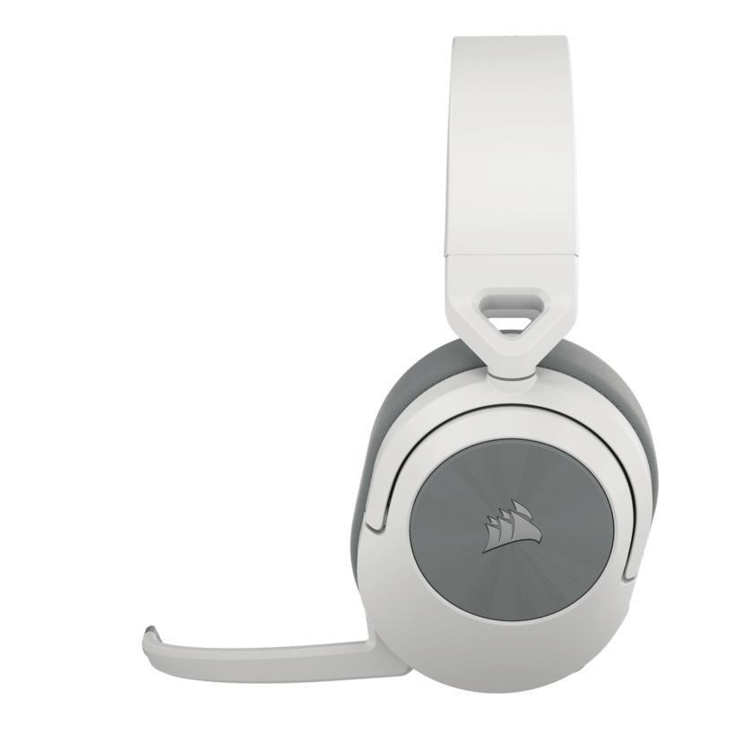Corsair HS55 Wireless Gaming Headset in white and grey with padded ear cups, adjustable headband, detachable microphone boom, and Corsair logo on ear cup displayed against white background