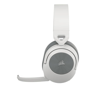 Corsair HS55 Wireless Gaming Headset in white and grey with padded ear cups, adjustable headband, detachable microphone boom, and Corsair logo on ear cup displayed against white background