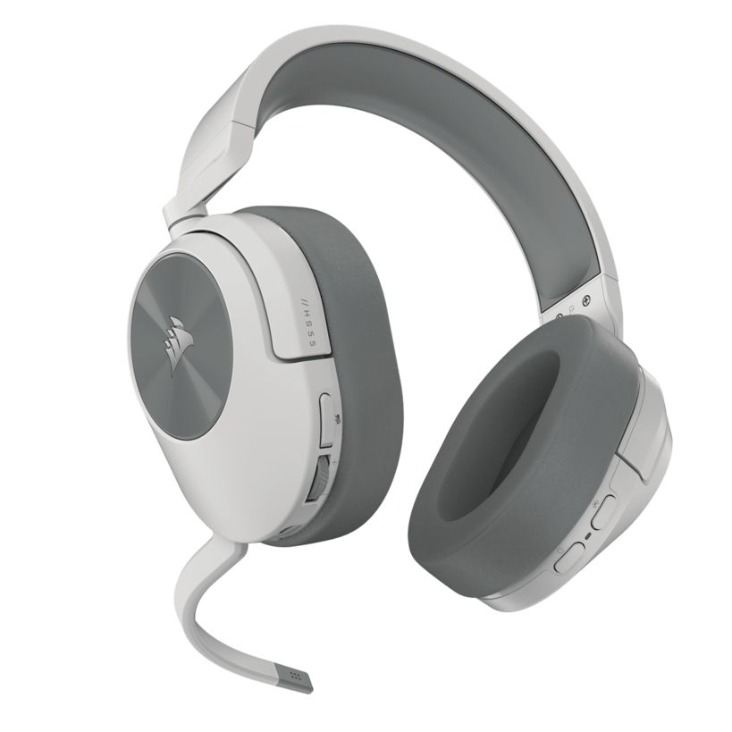 Corsair HS55 Wireless Gaming Headset in white and grey with padded ear cups, adjustable headband, and detachable microphone boom