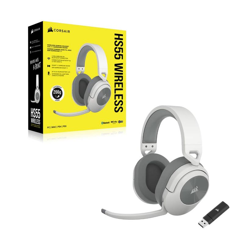 Corsair HS55 wireless gaming headset in white and gray with detachable microphone and USB wireless adapter, shown with retail packaging on yellow box
