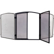 Black metal stove guard with mesh panels and front opening doors, heritage classic design with curved top frame and hinged access gates