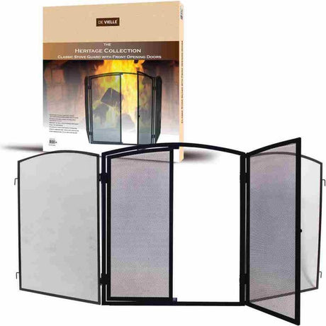 De Vielle Heritage Collection black metal stove guard with mesh panels and front opening doors, shown with product packaging box against white background