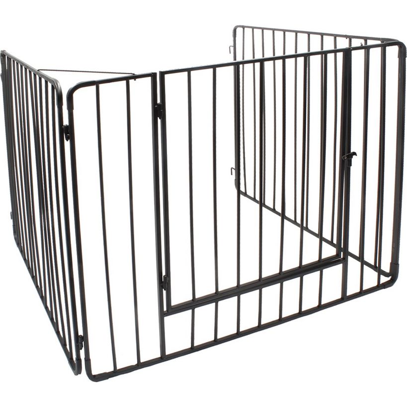 Black metal heavy duty stove guard with front opening gate, featuring vertical bars and sturdy frame construction for fireplace safety protection