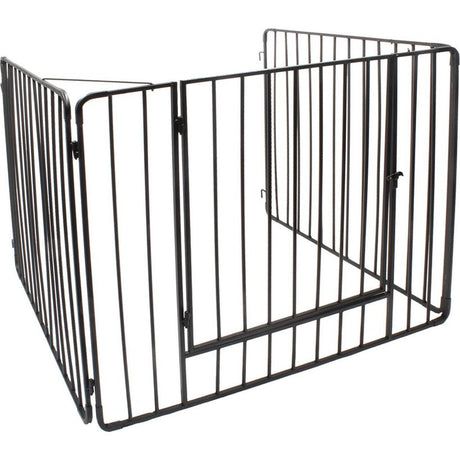 Black metal heavy duty stove guard with front opening gate, featuring vertical bars and sturdy frame construction for fireplace safety protection