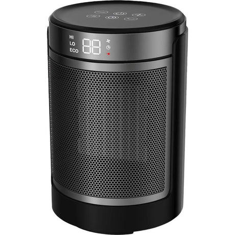 De Vielle portable PTC heater 1.5kW in black with digital display showing temperature controls, featuring metal band and mesh grille design