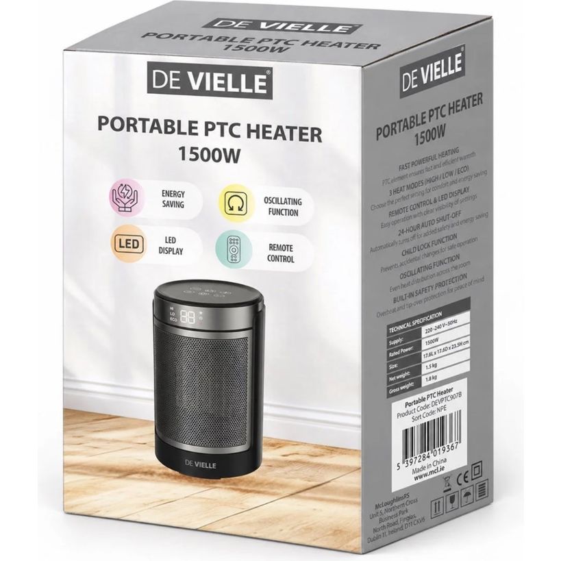 De Vielle Portable PTC Heater 1.5 Kw - Black | DEVPTC907B