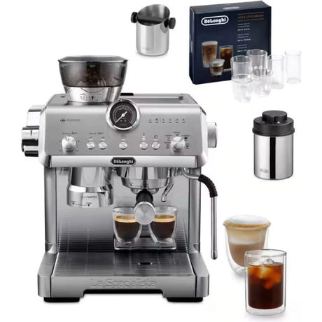 DeLonghi Specialista Opera stainless steel bean to cup coffee machine with integrated grinder, shown with included accessories including milk frother, knock box, glass cups, and drinkware set displaying espresso and cappuccino beverages