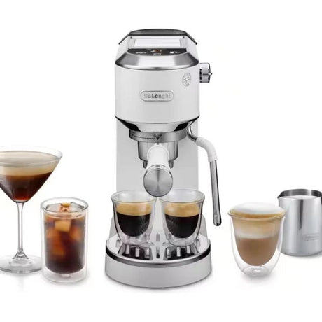 DeLonghi Dedica Duo white espresso machine with stainless steel accents surrounded by various coffee beverages including espresso, cappuccino, iced coffee and latte in glasses and cups