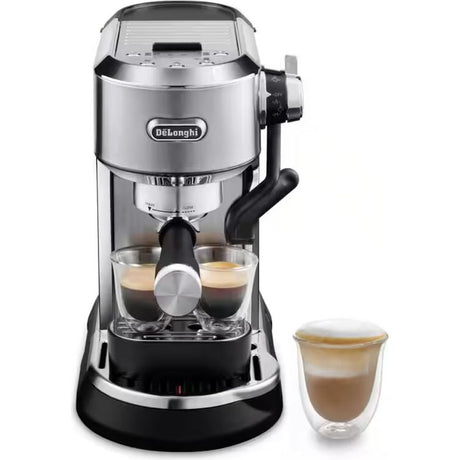 DeLonghi Dedica Maestro Plus manual espresso coffee maker in stainless steel and black with two cups of espresso in glass cups on white background