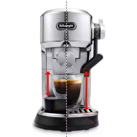 DeLonghi Dedica Maestro Plus stainless steel manual espresso coffee maker with black base dispensing dark espresso into glass cup, featuring chrome body and side controls