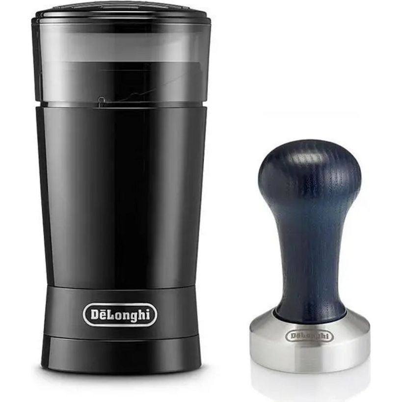 DeLonghi Dedica black stainless steel pump espresso coffee machine with matching black wood handle tamper accessory on white background