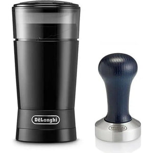 DeLonghi Dedica black stainless steel pump espresso coffee machine with matching black wood handle tamper accessory on white background