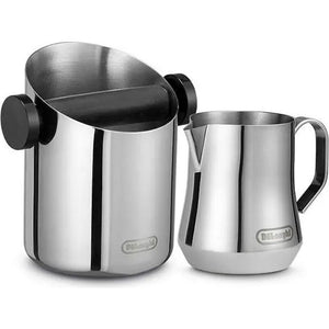 Delonghi Dedica stainless steel coffee machine accessories bundle including knock box with black handles and milk frother jug
