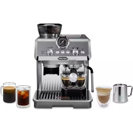 DeLonghi La Specialista Arte Evo stainless steel espresso machine with integrated grinder, displayed with espresso cups, milk jug, and various coffee beverages on white background