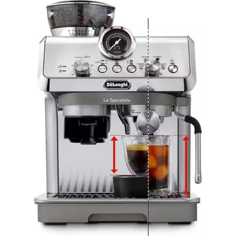 DeLonghi La Specialista Arte Evo stainless steel espresso machine with grinder, pressure gauge, and dual shot glasses dispensing dark coffee