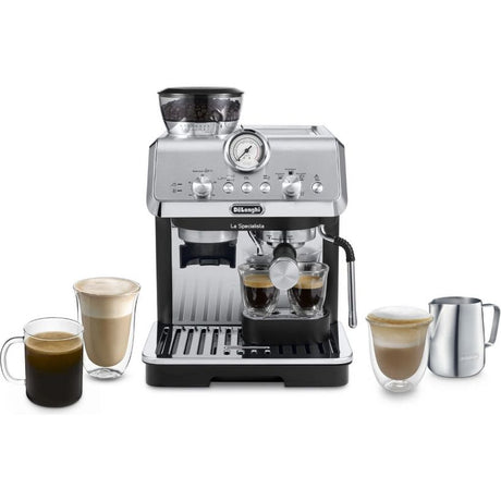 DeLonghi La Specialista Arte manual bean to cup espresso machine in black and silver with grinder, showing machine with integrated portafilter, pressure gauge, control panel, accompanied by espresso cups, cappuccino glasses, and stainless steel milk pitcher