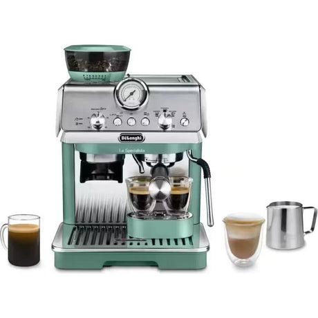 DeLonghi La Specialista Arte manual bean to cup espresso machine in sage green and stainless steel with integrated grinder, pressure gauge, and accessories including double shot glasses, milk jug and single espresso cup