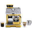 DeLonghi La Specialista Arte manual bean to cup espresso machine in yellow and stainless steel with grinder, steam wand, and accessories including milk pitcher and glass cups