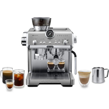 DeLonghi La Specialista Opera stainless steel manual espresso machine with grinder, displaying dual shot glasses, milk frother, steam wand and various coffee drinks including espresso, americano and cappuccino