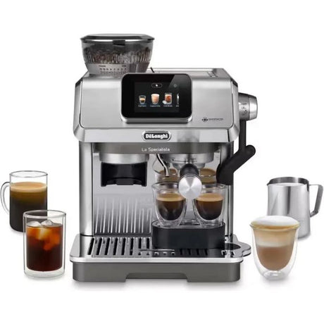 DeLonghi La Specialista Touch stainless steel bean to cup espresso machine with digital display, shown with ground coffee, espresso shots, milk frother, and various coffee beverages including americano and cappuccino