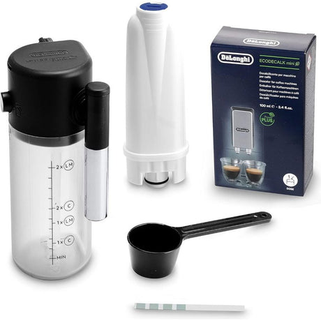 DeLonghi Magnifica Evo automatic bean to cup coffee machine in titanium black with included accessories - milk frother with measurement markings, water filter cartridge, descaling solution box, measuring spoon and cleaning brush displayed on white background