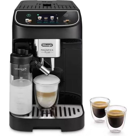 DeLonghi Magnifica Plus black automatic espresso machine with milk frother, featuring digital display, milk jug attachment, and two cups of espresso shown alongside