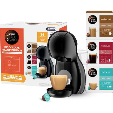 Delonghi Nescafé Dolce Gusto Piccolo XS black manual pod coffee machine bundle displaying machine, included coffee pods in various flavors (Café au Lait, Americano, Flat White), instruction manual and packaging on white background