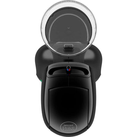 Delonghi Nescafé Dolce Gusto Piccolo XS black pod coffee machine with transparent water reservoir and Nescafé branding shown from front view