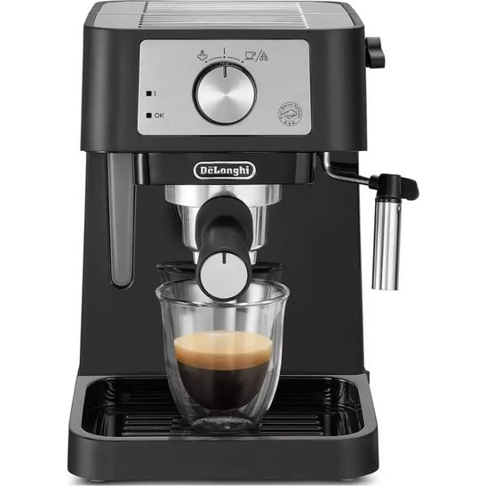 DeLonghi Stilosa black espresso coffee machine with stainless steel control panel, portafilter, and glass cup featuring fresh espresso