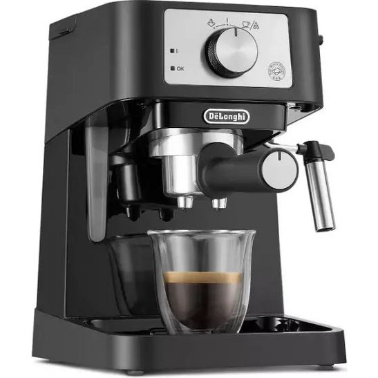 DeLonghi Stilosa black espresso coffee machine with stainless steel portafilter and glass cup, featuring white control panel with rotary dial and indicator lights