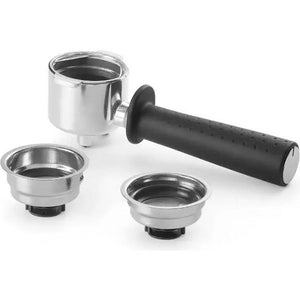 DeLonghi Stilosa EC260.BK espresso machine components showing chrome portafilter with black handle and two stainless steel filter baskets on white background