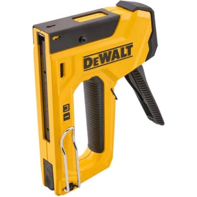 DeWalt yellow and black heavy duty hand tacker stapler with dual grip handles shown against white background