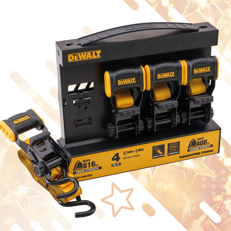 DeWalt 4 piece ratchet strap set with yellow and black ratchet straps displayed in black storage box, featuring one ratchet strap extended showing 3.6 metre length capacity and break strength details on yellow base label