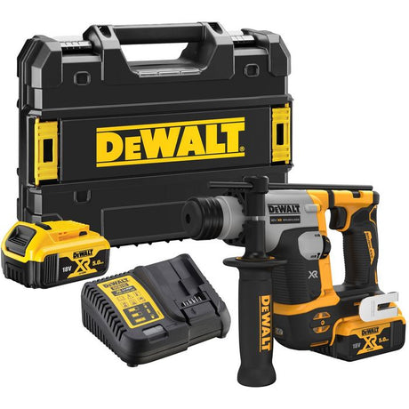 DeWalt DCH172P2 18V XR SDS Plus rotary hammer kit with black and yellow compact drill, two 5.0Ah lithium-ion batteries, dual port charger, and carrying case