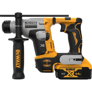 DeWalt DCH172P2 18V XR brushless SDS plus rotary hammer drill in yellow and black with two 5.0Ah lithium-ion batteries and auxiliary handle shown against white background