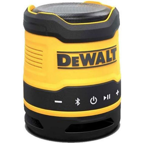 DeWalt DCR009 compact Bluetooth speaker with yellow and black design featuring control buttons and mesh top grille