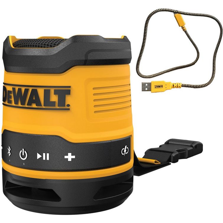 DeWalt DCR009 compact Bluetooth speaker in yellow and black with control buttons, braided USB cable and carrying strap displayed against white background