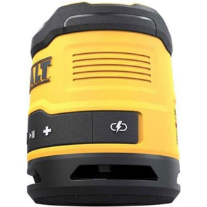 DeWalt DCR009 compact Bluetooth speaker in yellow and black with ventilation grille, control buttons and charging port