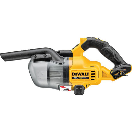 DeWalt DCV501LN-XJ 18V XR cordless stick vacuum in yellow and black with transparent dust collection container, side view on white background