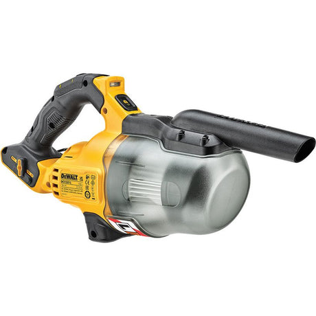 DeWalt DCV501LN-XJ 18V XR cordless stick vacuum with yellow and black handle, silver collection tank, and black air outlet nozzle shown against white background