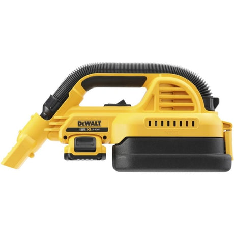 DeWalt DCV517N XR 18V cordless wet and dry vacuum cleaner in yellow and black, featuring a flexible hose, carry handle, and dust collection tank, shown against a white background
